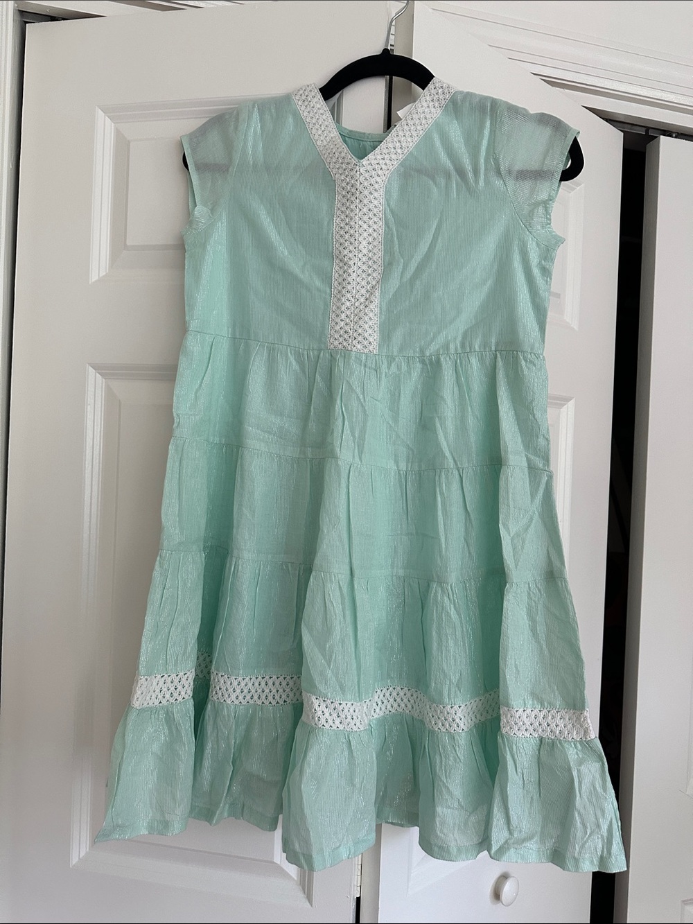 Masala Baby Mint Green Tiered Dress with White Lace Accents